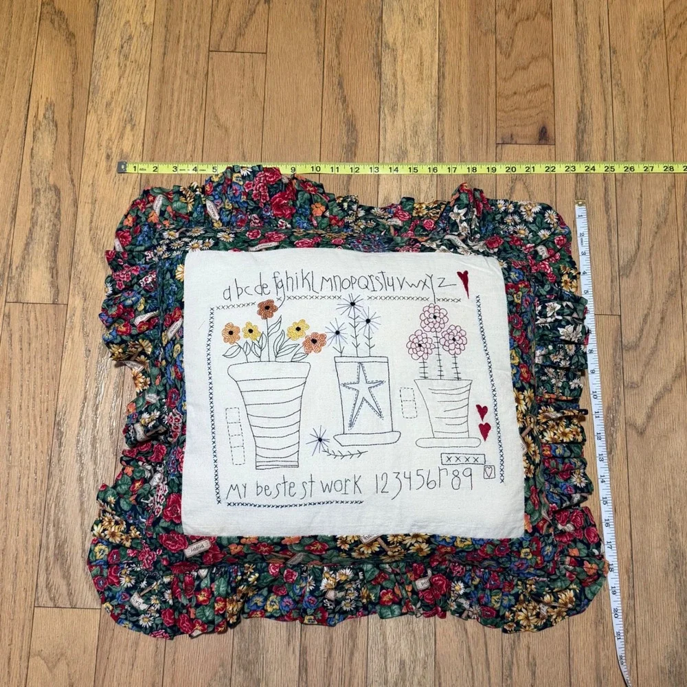 Vintage Hand Embroidered Alphabet Sampler Floral Chintz Ruffle Pillow 20x20